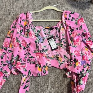 Vero Moda Pink Floral Tie-Front Ruffle Crop Top